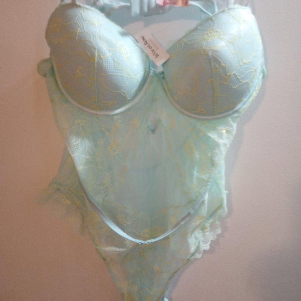 NWT La Vie En Rose Blue & Yellow Lace Push Up Teddy or Bodysuit Size XXL